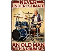 peiyeety Vintage Tin Sign Never Underestimate An Old Man With A Drum Set Funny Wall Art Metal Poster For Drum Players & Music Lovers Gift for Home Bar Cafe Garage Gym Boxing Club 8x12 in