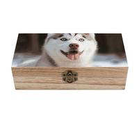 peiyeety Vintage Wooden Storage Box Elegant Decorative Storage Box Husky Piquant Dog Keepsake Box for Photos Mementos Office Supplies