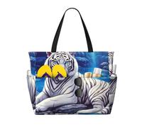 peiyeety Wildlife Siberian White Tiger Large Beach Tote Bag For Women With Zipper & Wet Pocket, Lightweight Foldable Gym Tote For Travel, Grocery, Swim, Sports