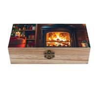 peiyeety Wooden Storage Box Container with Hinged Lid - Decorative Lockable Chest for Keepsakes - Rustic Wood Boxes for Crafts Art Hobbies The Fire Burns Brightly on Christmas Eve Wooden Gift Box