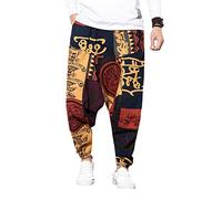 Pejihota Mens Loose Hip-Hop Harem Pants Linen Bohemian Aladdin Yoga Pants Bloomers Drop Crotch Pants Retro Print Pants with Pockets (as8, Alpha, 3X_l, Regular, Regular, Red, 3XL, Regular)