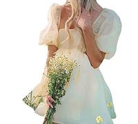Pejihota Womens Off-Shoulder Ruffled Fluffy Short-Sleeved Mesh Party Mini Princess Dress (as8, Alpha, m, Regular, Regular, Yellow, M)