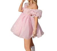 Pejihota Womens Off-Shoulder Ruffled Fluffy Short-Sleeved Mesh Party Mini Princess Dress (as8, Alpha, m, Regular, Regular, Pink, M)