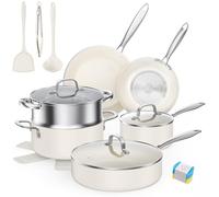 PekGema Ceramic Pots and Pans Set, 16 Pcs Cookware Set Non Toxic, Nonstick Kitchen Cookware, Oven Safe Cooking Pan Set, PFAS PTFE PFOA FREE, Cream White