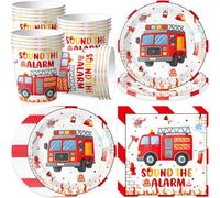 pekifaves Fire Engine Party Tableware Set for 16 Guests, Fire Brigade Birthday Party Plates Napkins Cups Fireman Paper Plates Children's Birthday Set for Boys Birthday Decoration