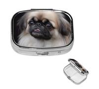 Pekingese Dog Pill Box 2 Compartment Square Portable Pill Case for Pocket or Purse Pill Holder Weekly Pill Organizer Decorative Metal Medicine Vitamin Organizer Travel Gift