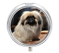 Pekingese Dog Pill Organizer Portable Pill Box Round Pill Case Exquisite Waterproof Travel Medicine Organizer Fashion Metal Pill Container for Vitamins Medicine Box