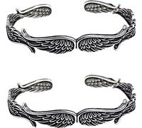 PEKJDS Angel Wings Vintage Style Silver Bracelet,925 Silver Plated Layering Bracelet Adjustable, Inspirational Guardian Angel Bangle Bracelets for Women Men 2Pcs