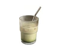 PEKJI Stripe Transparent Glass Cup with Straw Drinking Tumblers Home Ice Coffee Mug Tea Cup Juice Glasses Milk Cup 450ml/15.8oz