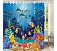 PEKMAR Blue Shower Curtains Under The Sea Tropical Turtle Home Bathtub Decor Children Bathroom Curtain Set With Hooks,80388J,300x180cm,118x70in