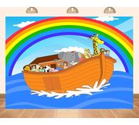 PEKRU 7x5ft Fabric Cartoon Noah's Ark Backdrop Cartoon Animals and Characters Standing Happily on The Ark with Blue Sky, White Clouds and Rainbow Children's Birthday Party Decoration Backgrounds