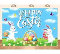 PEKRU 7x5ft Fabric Easter Party Photo Backdrop Happy Easter Theme Photography Background with Bunnies, Decorated Eggs, Spring Flowers, Blue Sky Design for Spring Party Decorations