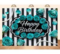 PEKRU 7x5ft Fabric Elegant Party Birthday Photography Backdrops Teal Roses with Silver Glitter Text, Black and White Stripes, Pearl Decorations for Women Birthday Backdrops