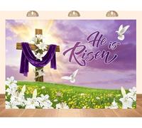 PEKRU 7x5ft Fabric He is Risen Easter Photography Backdrop Easter Jesus Cross Background, Spring Meadow Scene with White Lilies for Church Sunday School Religious Photo Booth Decor