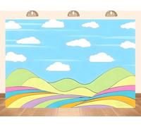 PEKRU 7x5ft Fabric Oh The Places You'll Go Backdrop Banner, Colorful Rolling Hills Design, Blue Sky with Clouds, Party Photo Background
