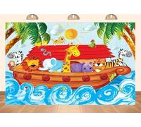 PEKRU 7x5ft Fabric Watercolor Animals Noah's Ark Backdrop Hand Painted Colorful Jungle Animals for Boys Girls Birthday Party Photography Background Baby Shower Banner