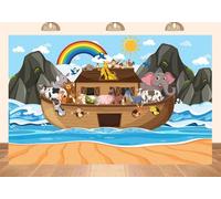 PEKRU 8x6ft Fabric Noah's Ark Photo Backdrop Docked on Beach Shore with Noah's Ark and Cute Animals Wigwam Rainbow Sun for Children's Birthday Photography Background Cake Table Decoration