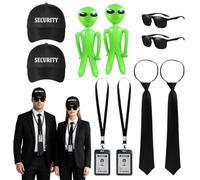 Peldris Agent Costume Accessories Set, Spy Fancy Dress Kit with Security Caps, Zipper Ties, Sunglasses, ID Holders, Inflatable Green Aliens for Adults Halloween Cosplay Carnival Sci-Fi Themed Party