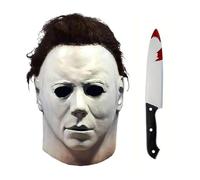 Peldris Michael Myers Mask, Latex Full Head Michael Myers Mask with Hair and Bloody Knife Prop, Halloween Horror Cosplay Costume Props for Adults (Classic White)