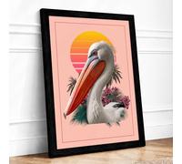 Pelican at Sunset Coastal Framed Wall Art Print A2 Black