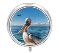 Pelican Bird Blue Sea Metal Pill Organizer, 3 Compartment Waterproof Pill Case with Mirror for Purse Pocket Bag, Daily Medicine Vitamin Holder, Portable Travel Med Container(Round)