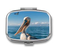 Pelican Bird Blue Sea Pill Box 2 Compartment - Small Metal Medicine Organizer Portable Pill Case for Purse Pocket Travel Vitamin Organizer for Men Women, BPA-Free
