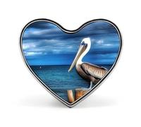 Pelican Bird Blue Sea Sky Buttons Pin Memorial Boutonniere for Wedding Groom Bride, Customize Lapel Heart Pin for Christmas, Men Women Costume Decorative Fashionable Brooches