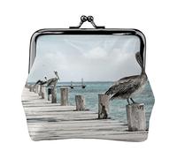 Pelican On Wood Bridge Print Small Coin Purse Kiss-Lock Leather Pouch Change Wallet Gifts for Men Women