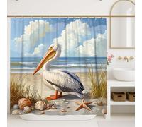 Pelican Shower Curtain, Coastal Ocean Blue Beach Decor, Summer Nautical Style Waterproof Fabric Curtain with Hooks, Ideal for Bathroom Set 72x72 Inch