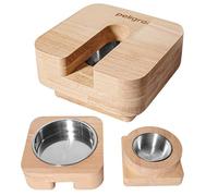 PELIGRAI 3 in 1 Cat Feeder Bowl, Interactive Cat Slow Feeder, Unique Wooden Non-Slip Pet Food and Water Bowl Dishes (Rubberwood)