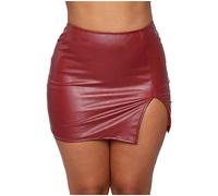 Pelisy Women Sexy Split Mini PU Leather Skirt High Waist Zipper Casual Skinny Faux Leather Skirts Red