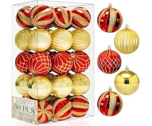 Pelle & Sol 30 Pcs Christmas Baubles Set 6cm / 2.36 inches - Decorations, Shatterproof Baubles for Christmas Tree Decorations, Lightweight Xmas Balls w/Easy to Hang String (Red & Gold)