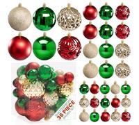 Pelle & Sol 36-Piece Christmas Decorations Bauble Set - Shatterproof Christmas Tree Decorations - Glitter, Disco Ball, Swirl Designs - Christmas Baubles in Assorted Sizes - Red, Green, Gold
