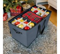 Pelle & Sol Christmas Bauble Storage Box, Grey - 128 Ornament Capacity With Padded Dividers, Zipped Lid And Carry Handles