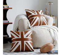 PELLEBAR UK Flag Vintage Design Leather & Cotton Fabric Throw Pillow 52 x 52cm Square for Couch Sofa Bed Living Room Home Garden Car Décor, Light Brown
