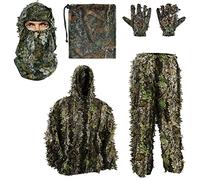 PELLOR 5PCS Ghillie Suit, 3D Leaf Camouflage Uniform Gilly Suit, Mask, Gloves, Storage Bag Set, Suitable for Outdoor Hunting, Wildlife Photography, CS Game