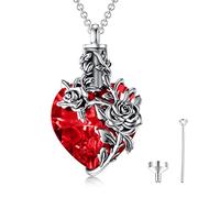 PELOVNY Rose/Lotus/Sunflower/Lily Flower Cremation Urn Necklace For Ashes Sterling Silver Heart/Teardrop Crystal Memorial Jewelry For Women, Sterling Silver, Blue,Red,Silver