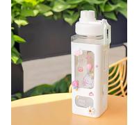 pelton Kawaii Water Bottle with Straw and Sticker, Kawaii Bear Water Bottle, Large Sport Plastic Portable Square Drinking Bottle for Girl, Cute Juice Tea Water Cups (White)