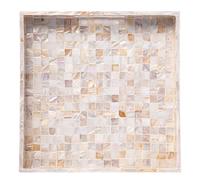 PEMAR 12.2" Square Serving Tray Mother of Pearl Nacre Wood Lap Ottoman Tray for Coffee Table, Luxury Decorative Handmade Eating Platters w Insert Handles (White Cream Squares Pattern)