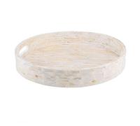 PEMAR 12.6” Decorative Round Serving Tray, Mother of Pearls Inlaid Coffee Table Tray w Insert Handles,Nacred Wooden Ottoman Tray,Bedroom Tray,Cabin Tray. Decorative Platter Basket Tray (White Pattern)