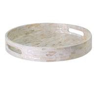 PEMAR 12.6” Mother of Pearl Round Serving Tray with Handles, Decorative Nacred Wooden Ottoman Coffee Table Tray (White Tiles)