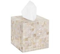 PEMAR 5.9” Cube Mother of Pearl Inlay Nacre Wood Tissue Box, Handmade Square Tissue Box Cover Holder, Decorative Napkin Dispenser Organizer, Rustic Farmhouse Vintage Decor (White Sand)