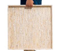 PEMAR Extra Large 20" Square Mother of Pearl Ottoman Tray with Insert Handles, Oversized Decorative Luxury Wooden Serving Tray for Food, Coffee Table, Breakfast in Bed (White Cream)