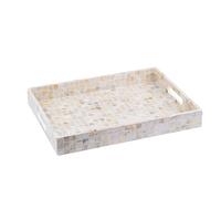 PEMAR Rectangular Mother of Pearl Serving Tray Nacre Wood Lap Ottoman Tray for Coffee Table, Luxury Decorative Handmade Eating Platters w Insert Handles (White Cream)