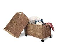 PEMAR Set 2 Nesting Natural Wicker Rolling Storage Baskets on Wheels w Insert Handles, Under Table Under Desk Woven Storage Bins, Mobile File Cabinet Organiser (Seagrass, Sizes M, L Nesting)
