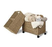 PEMAR Set of 2 Nesting Natural Wicker Rolling Storage Baskets on Wheels with Insert Handles, Under Table Under Desk Woven Storage Bins, Mobile File Cabinet Organizer, Seagrass, Sizes M and L