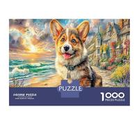Pembroke Welsh Corgi 1000 Piece Thick Cardboard Jigsaw Puzzle Solo Challenging Educational Single Player for Adults Enthusiasts Office Break Happy Corgi at Beach Puzzle 70x50cm/1000pcs