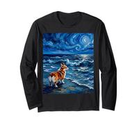 Pembroke Welsh Corgi Dog Starry Night Beach Artwork Long Sleeve T-Shirt