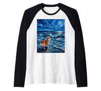 Pembroke Welsh Corgi Dog Starry Night Beach Artwork Raglan Baseball Tee