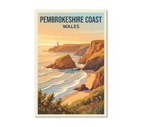 Pembrokeshire Coast, Wales - Romantic Vintage-Style Travel Poster of Cliffs & Lighthouse Gi Print on Canvas